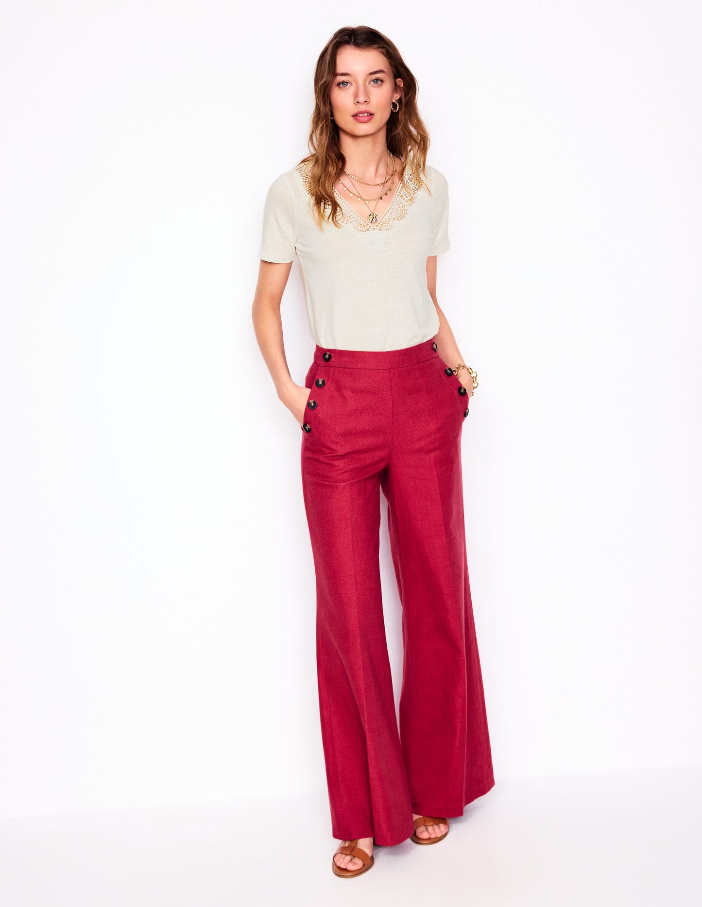 Lace Trim Linen T-shirt-Ivory