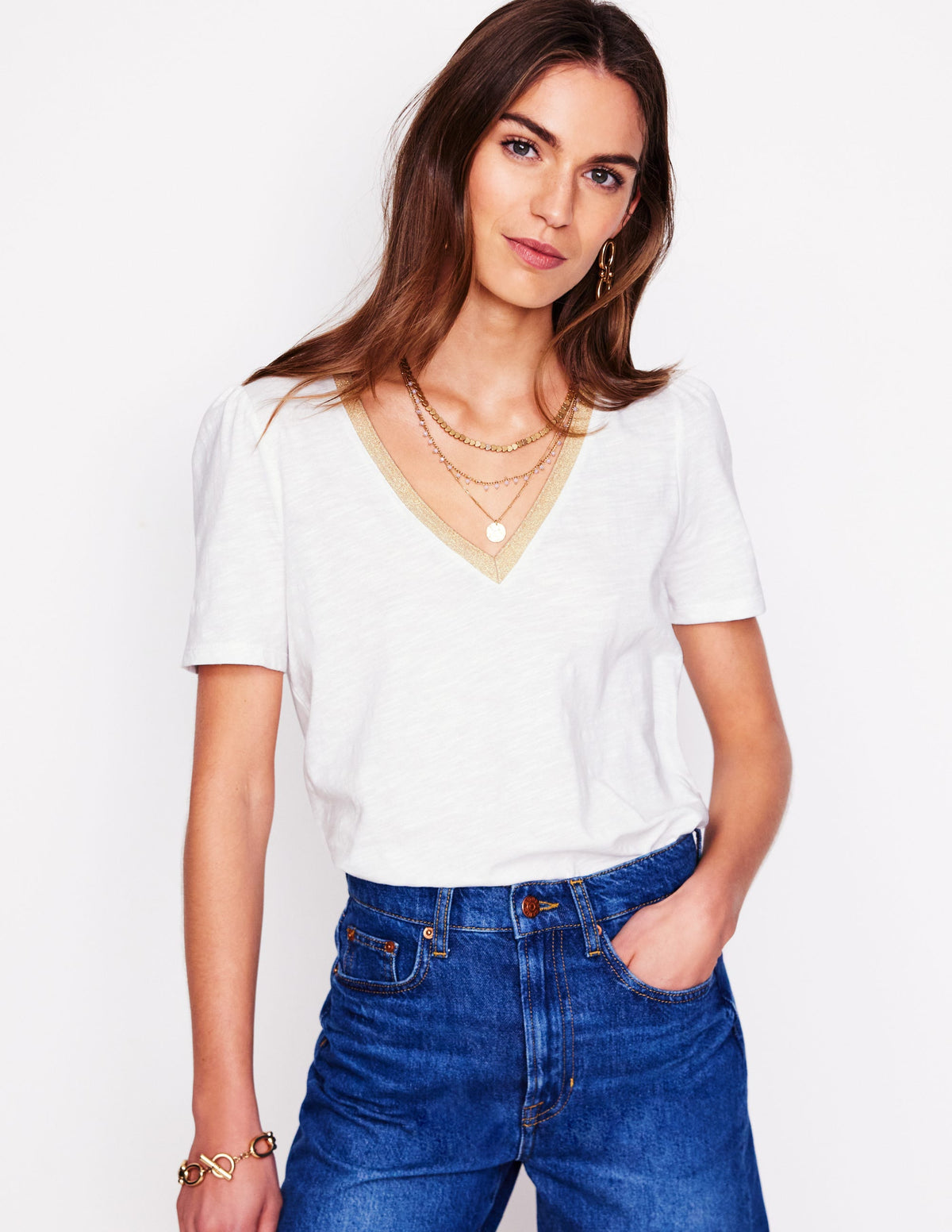 Metallic Trim V Neck T-shirt-White - Image 1