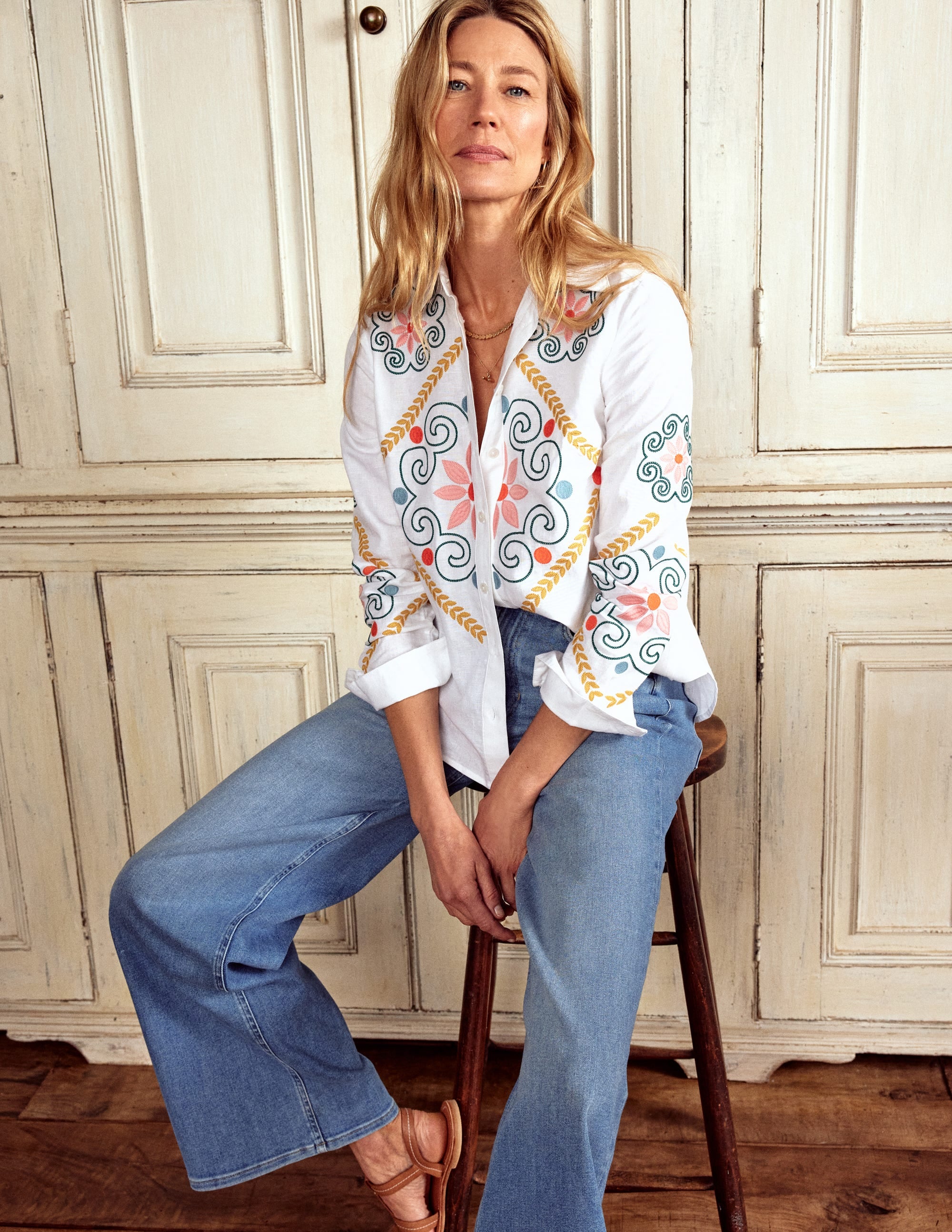 Sienna Embroidered Linen Shirt-White - Image 1