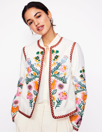 Embroidered Linen Jacket-Ivory, Tulip Fusion