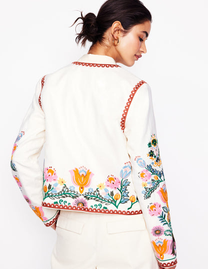 Embroidered Linen Jacket-Ivory, Tulip Fusion