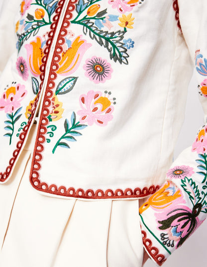 Embroidered Linen Jacket-Ivory, Tulip Fusion