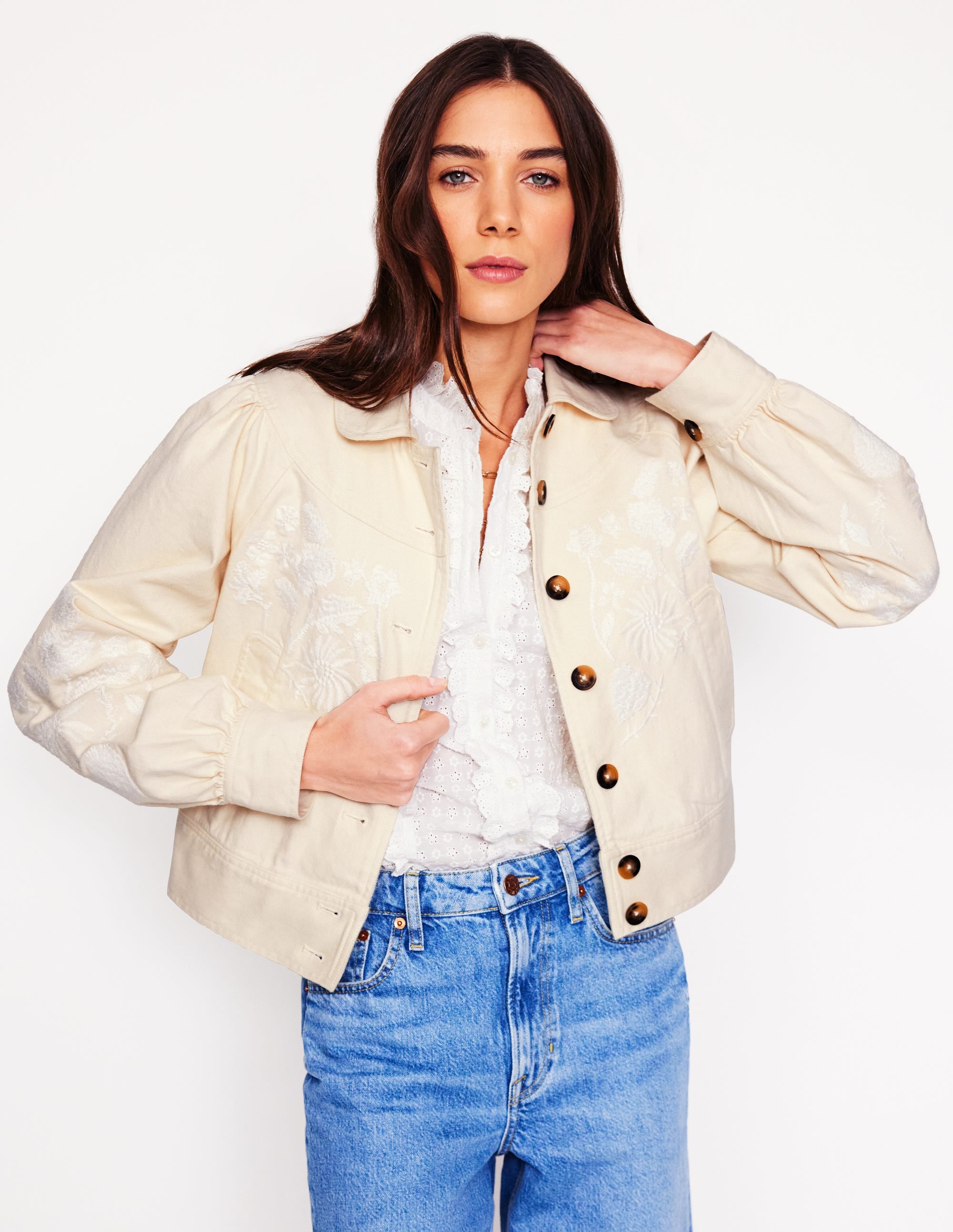Collared Embroidered Jacket-Ivory, Embroidery - Image 1