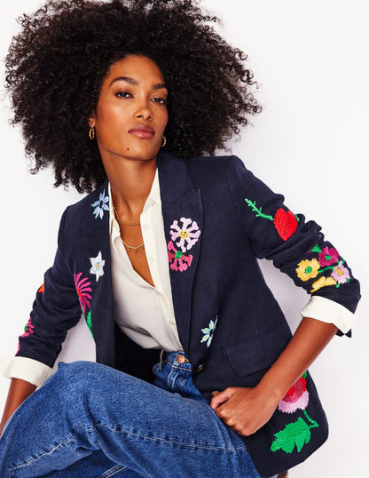 Marylebone Interest Blazer-Navy Embroidery