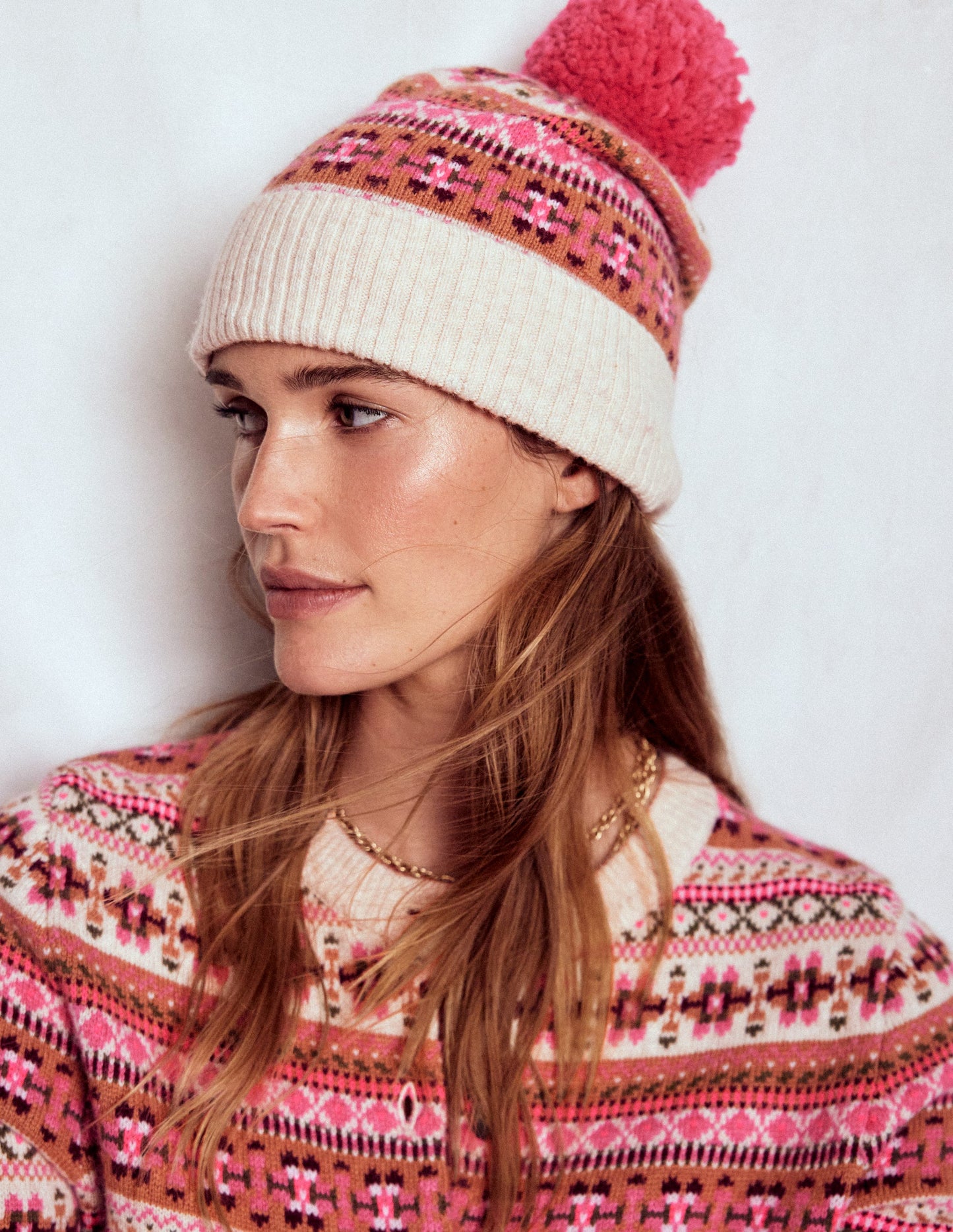 Edie Fair Isle Beanie-Pink