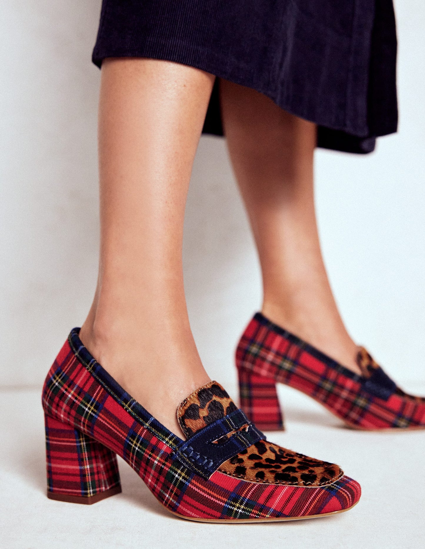 Sol Block Heeled Penny Loafers-Tartan Check