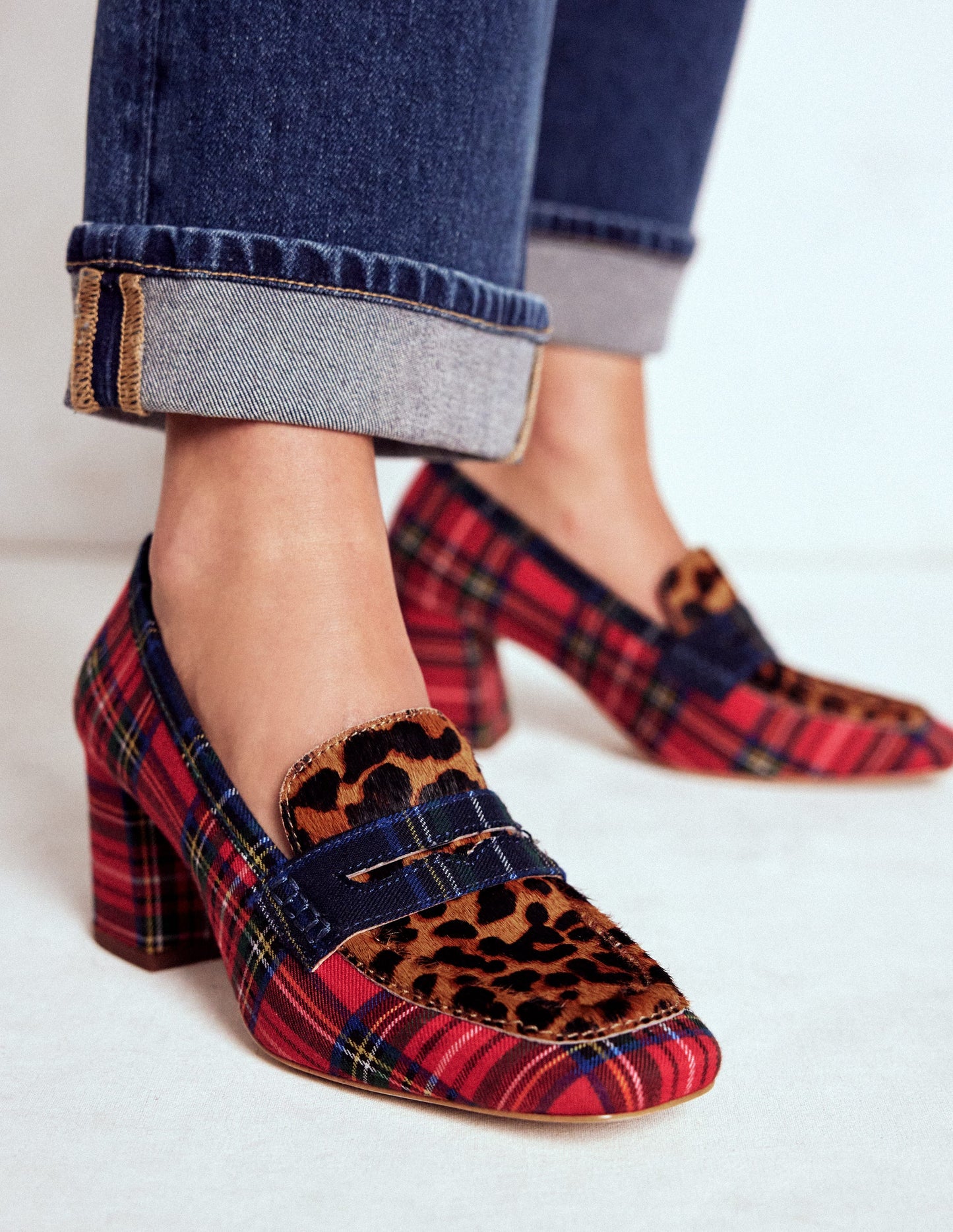 Sol Block Heeled Penny Loafers-Tartan Check