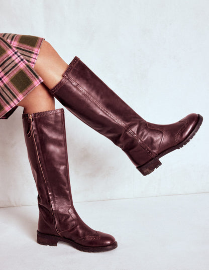 Brogue Detail Knee Boots-Oxblood-2