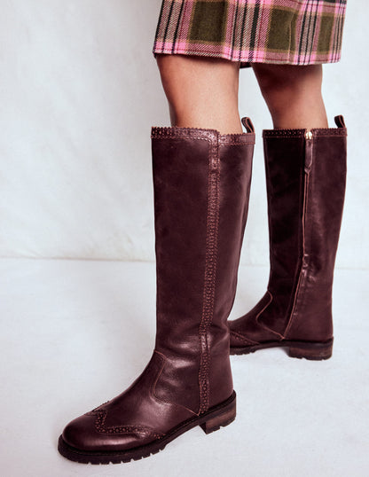 Brogue Detail Knee Boots-Oxblood-3