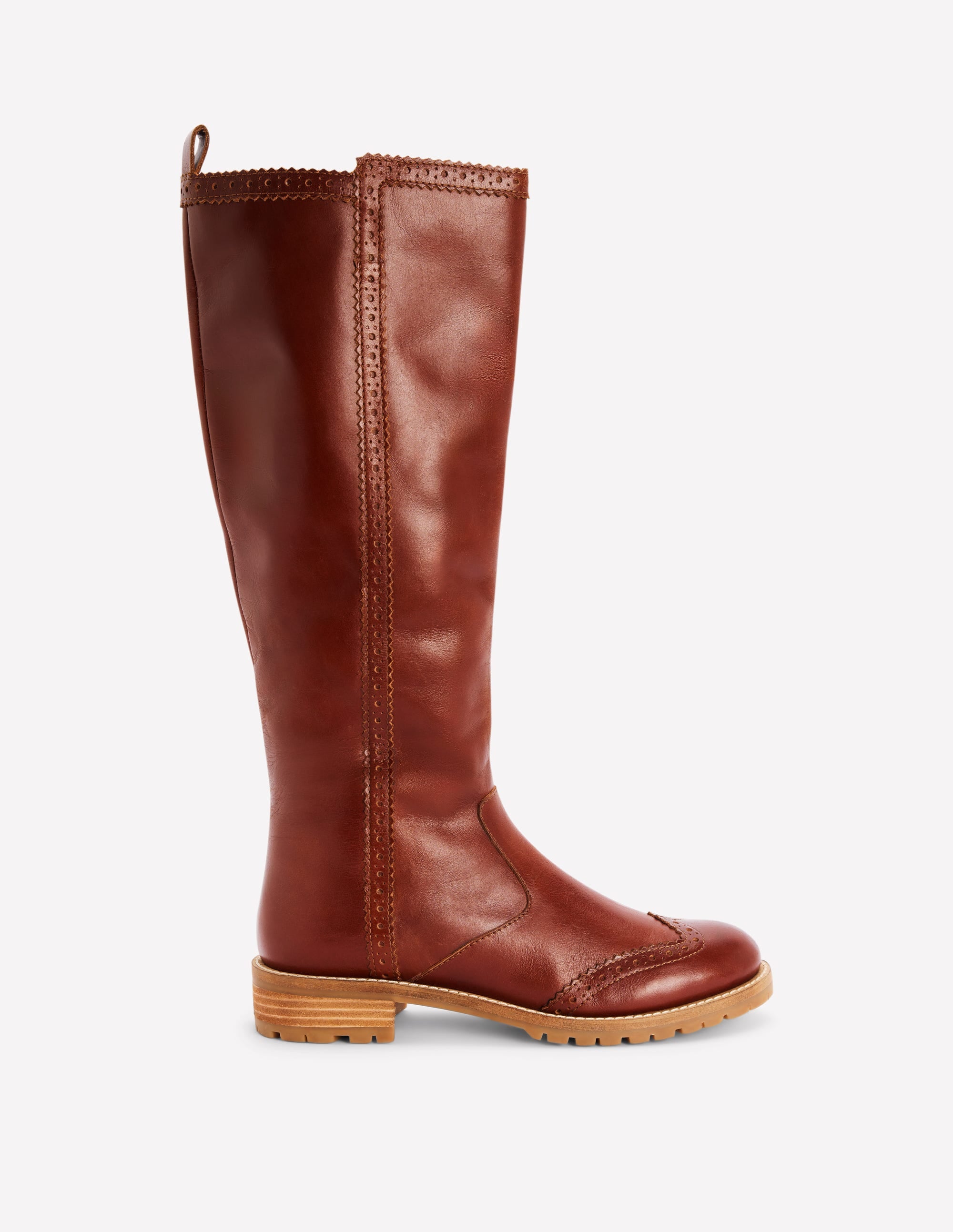 Brogue Detail Knee Boots-Tan - Image 1