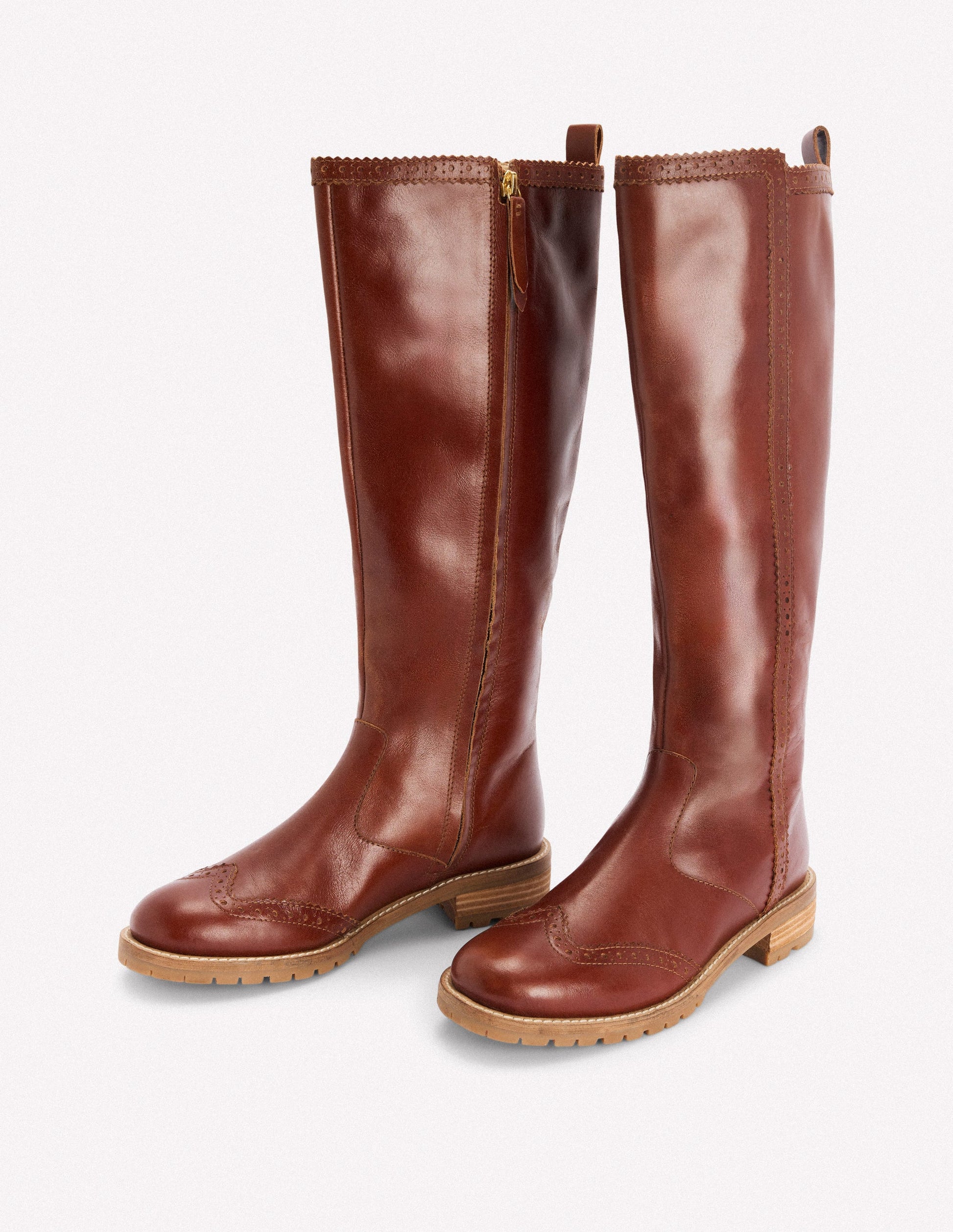 Brogue Detail Knee Boots-Tan-4