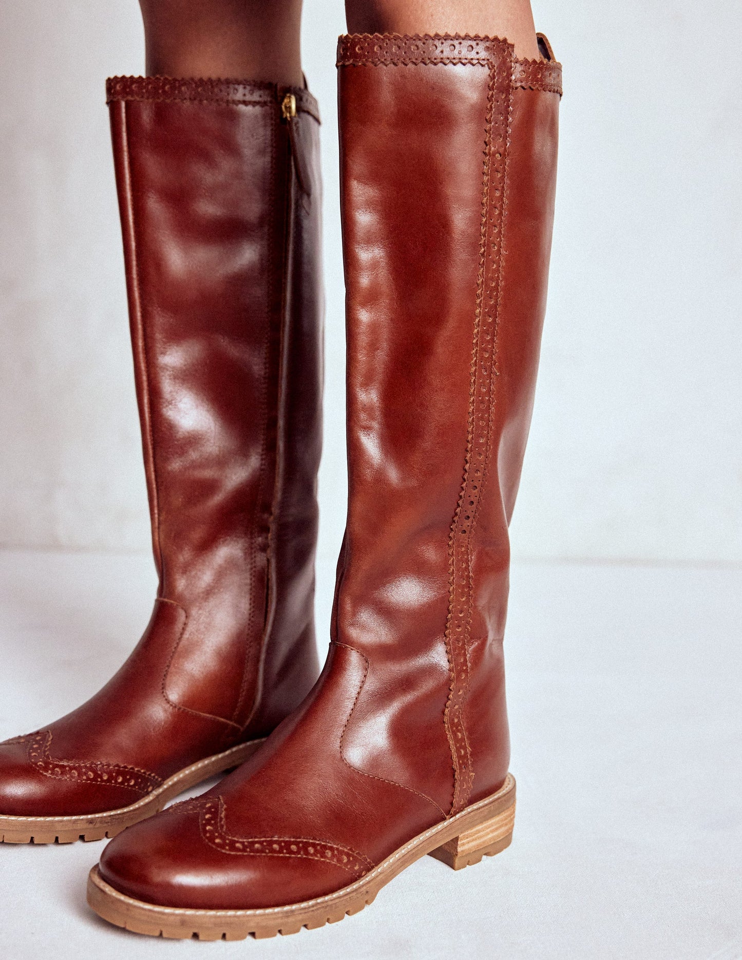 Brogue Detail Knee Boots-Tan