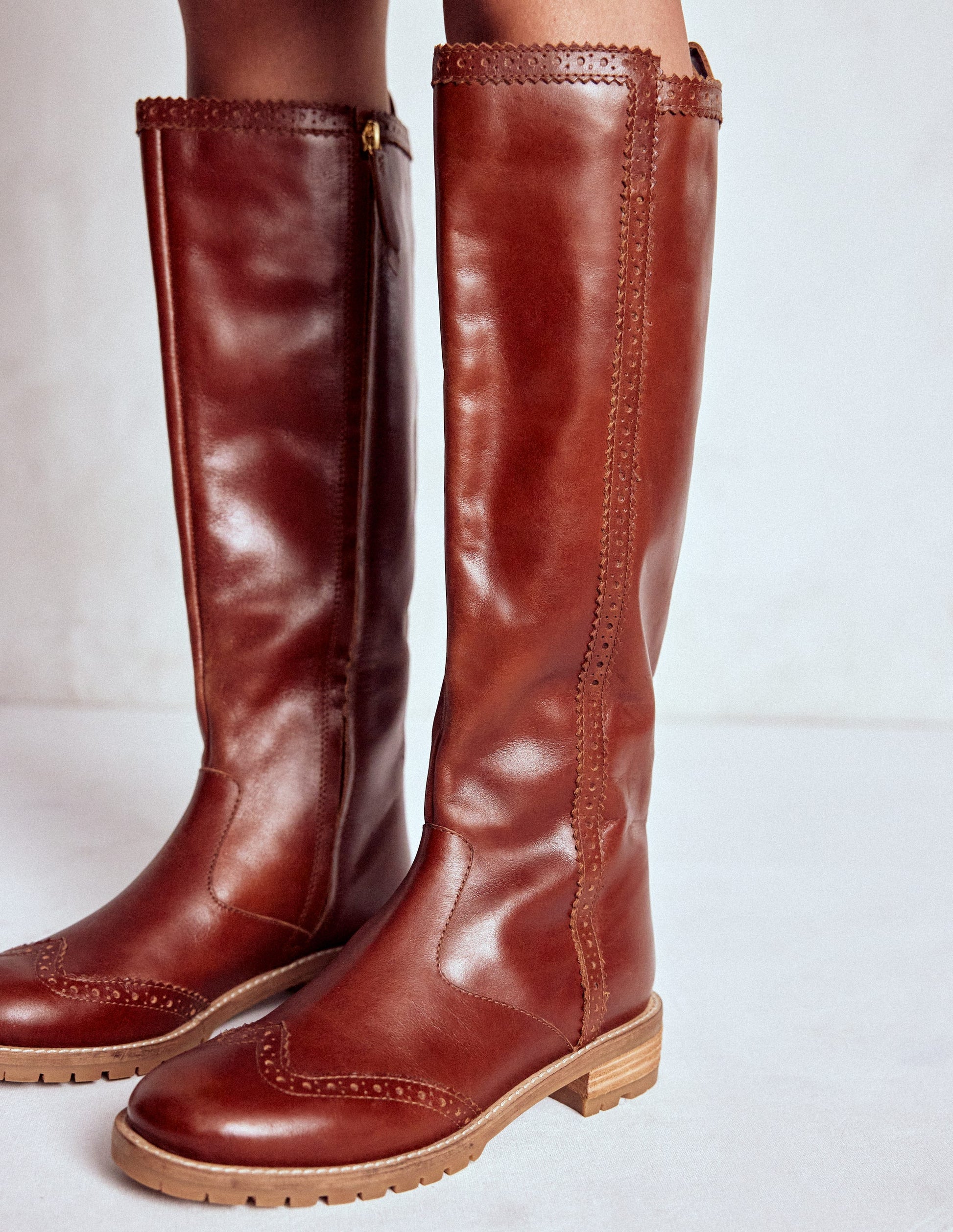 Brogue Detail Knee Boots-Tan-3