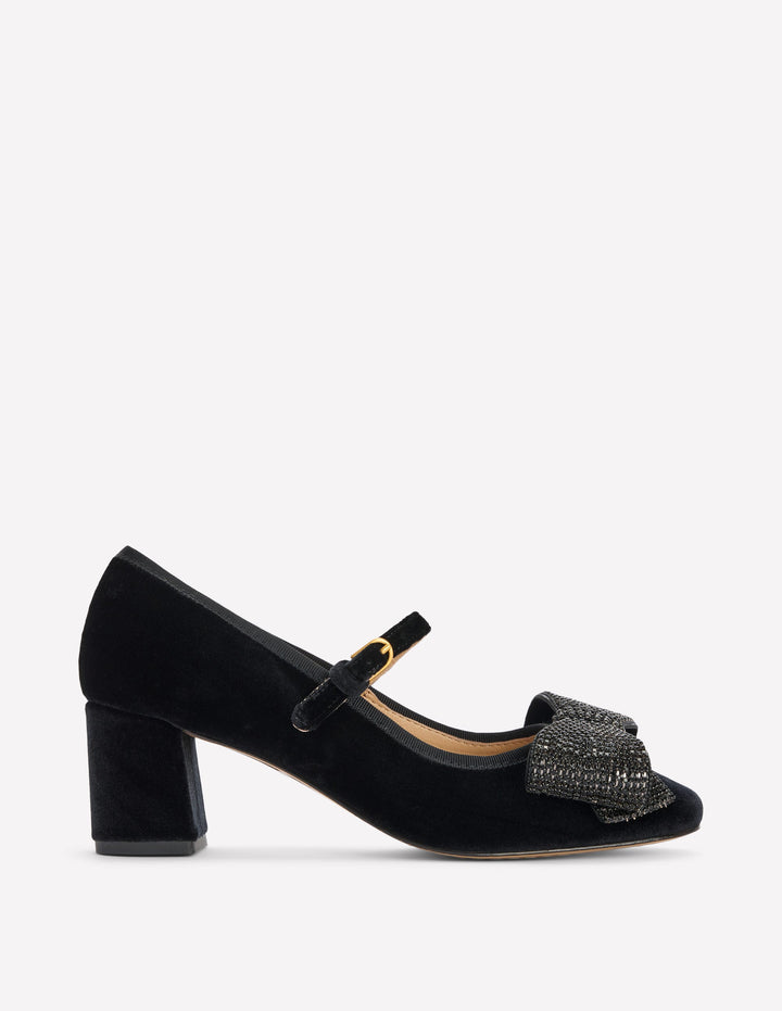 Embellished Bow Block Heels-Black