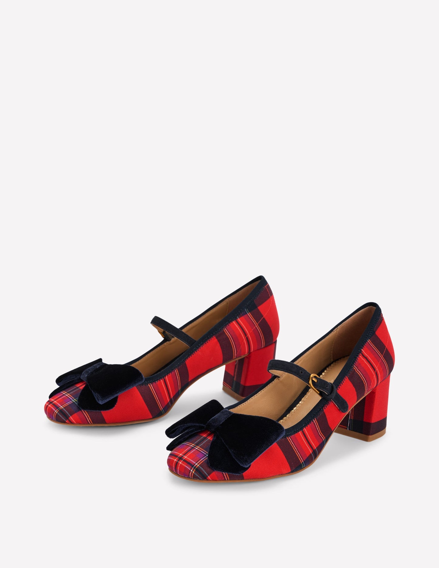 Embellished Bow Block Heels-Red Tartan