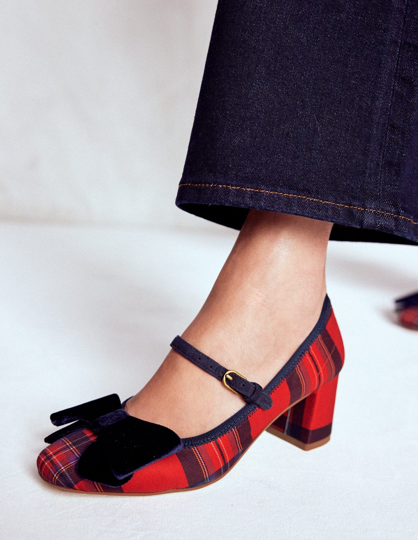 Embellished Bow Block Heels-Red Tartan