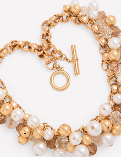 Beaded Jewel Necklace-Gold Colour/Faux Pearl-3