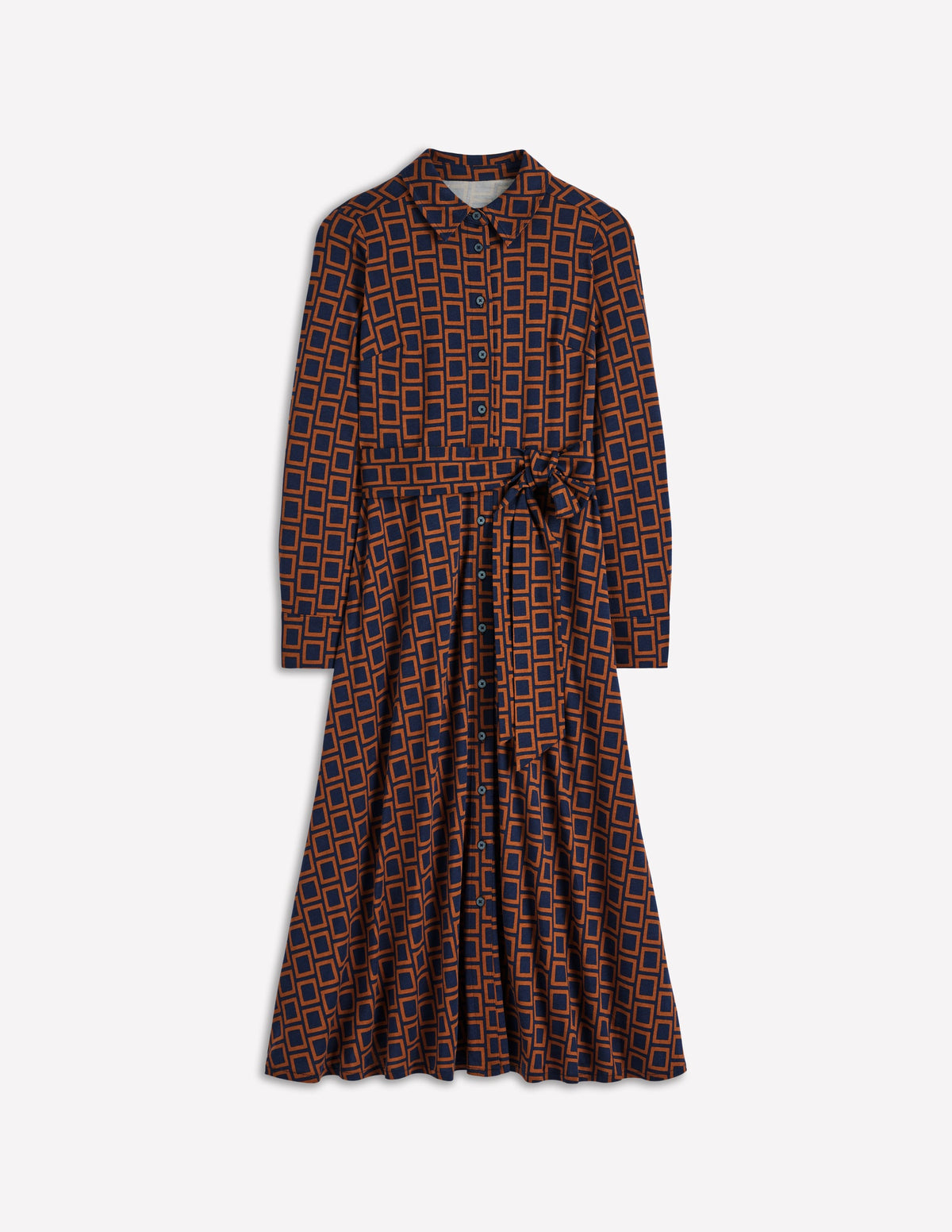 Marcia Jersey Shirt Dress-French Navy, Square Geometric - Image 6