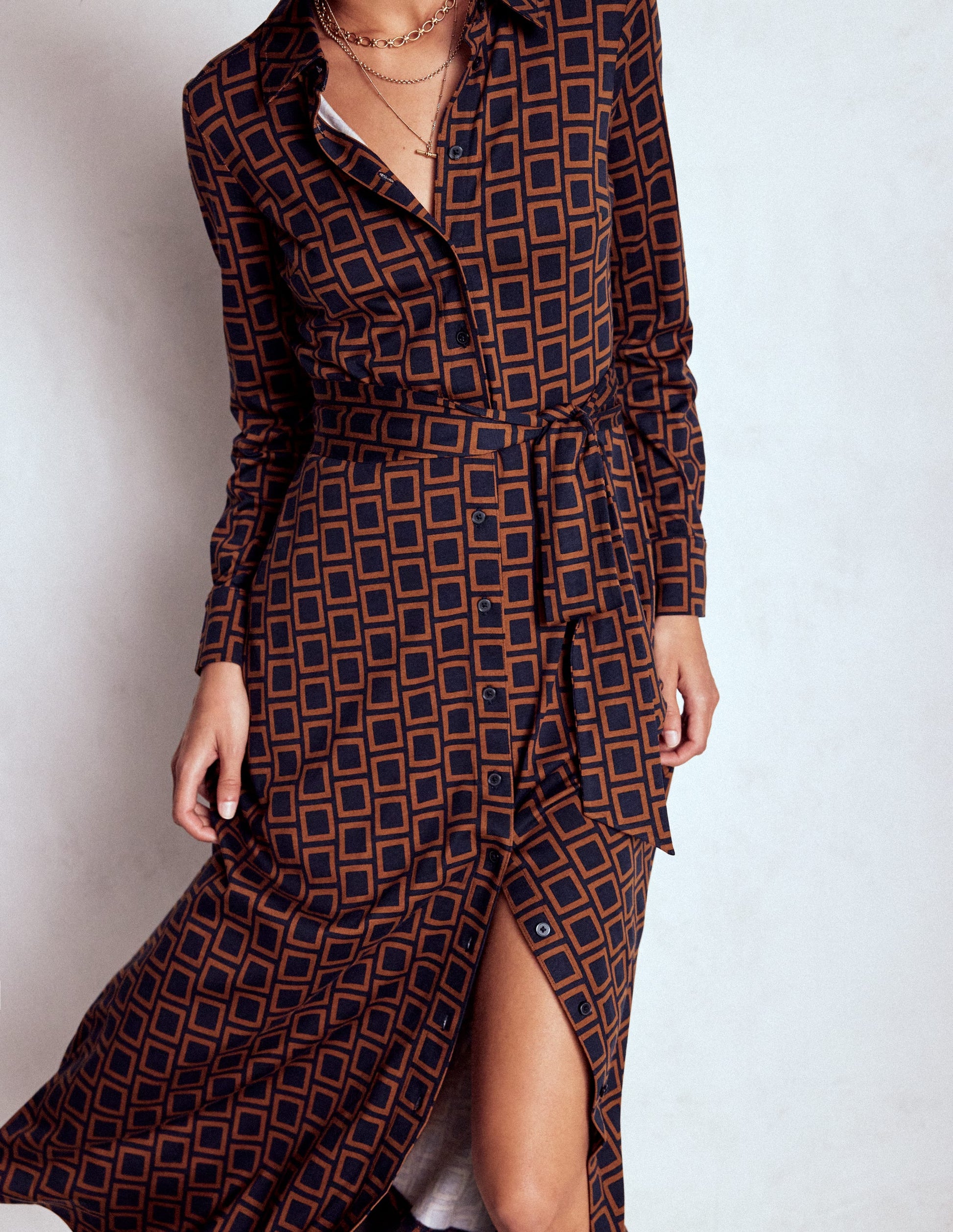 Marcia Jersey Shirt Dress-French Navy, Square Geometric-2