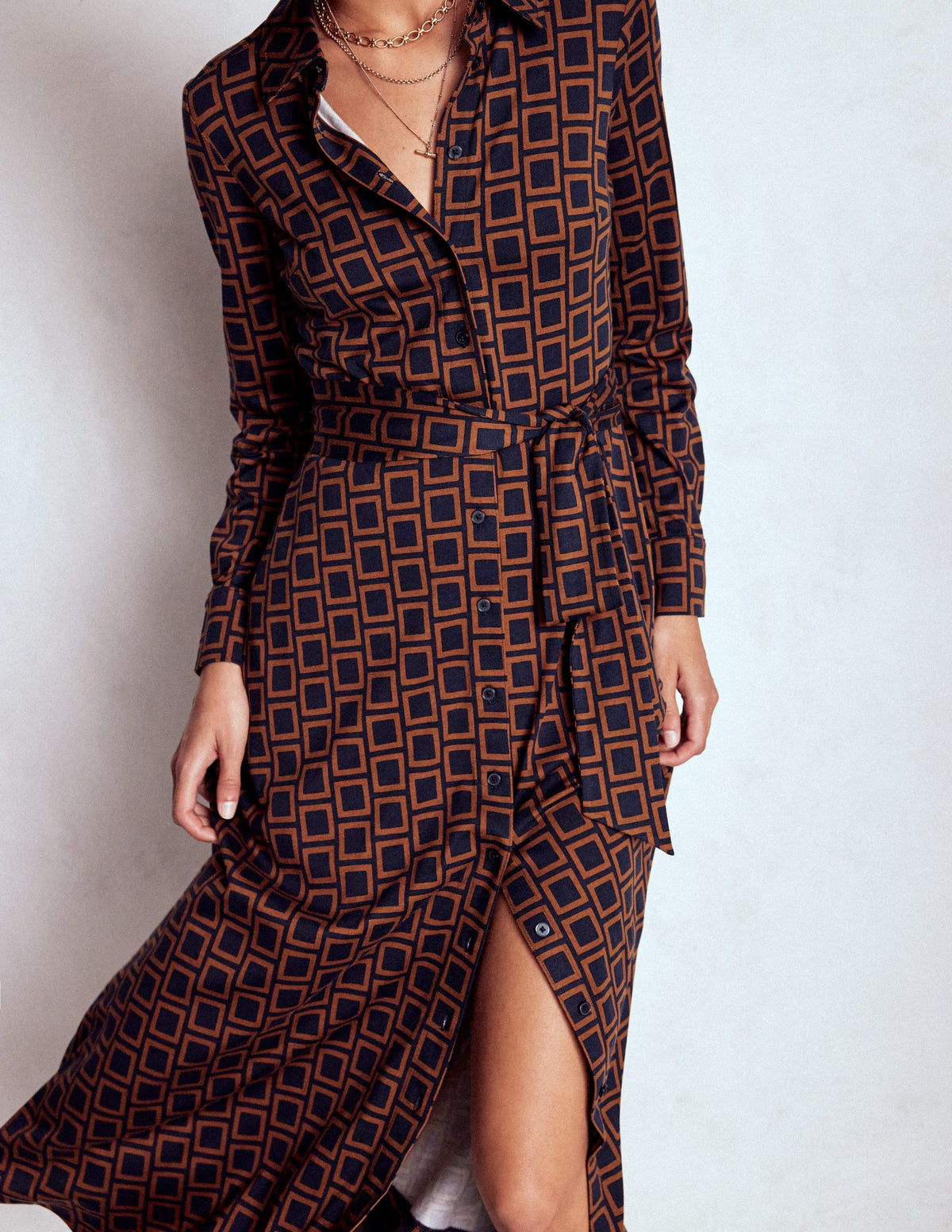 Marcia Jersey Shirt Dress-French Navy, Square Geometric - Image 2