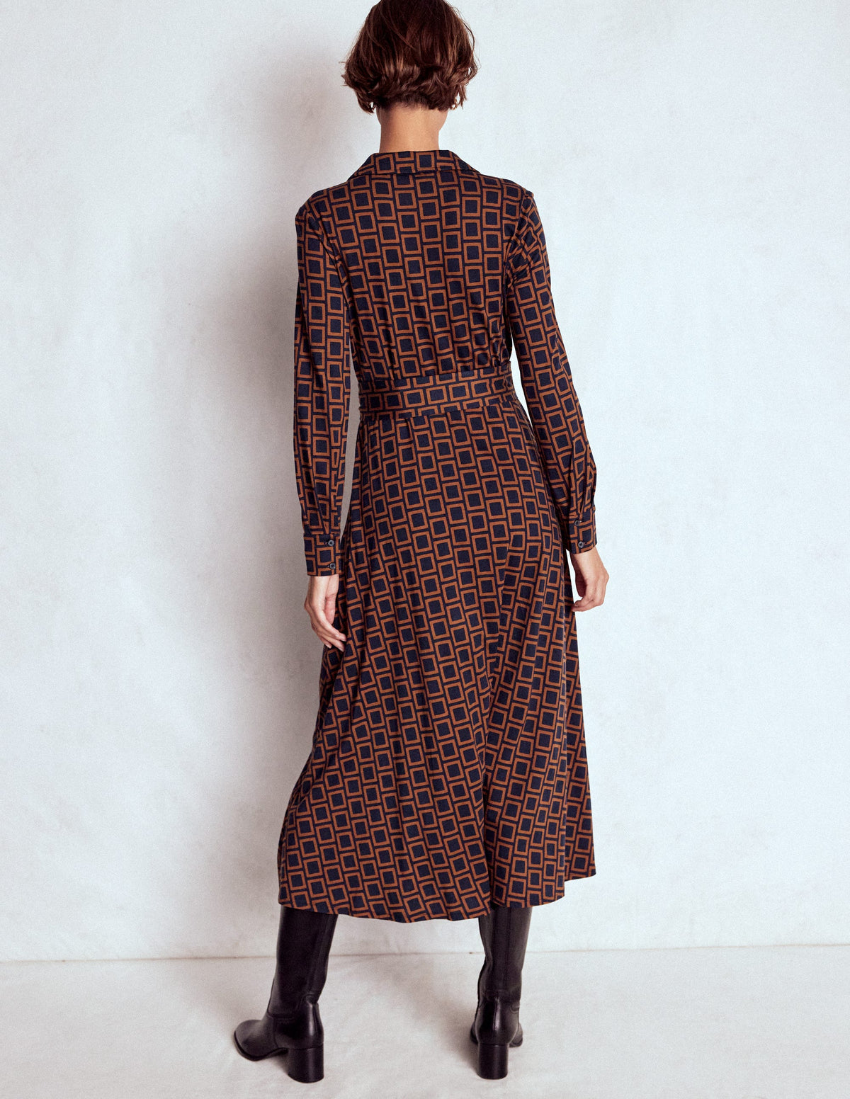 Marcia Jersey Shirt Dress-French Navy, Square Geometric - Image 3