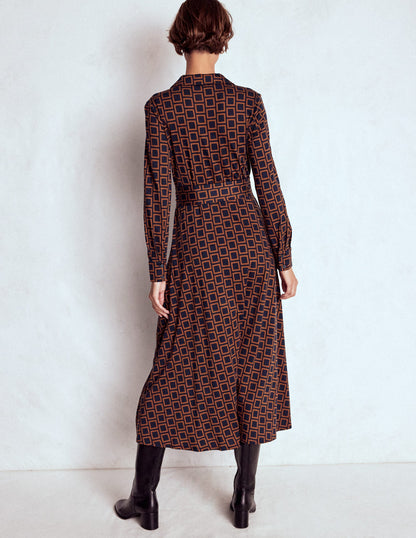 Marcia Jersey Shirt Dress-French Navy, Square Geometric-3