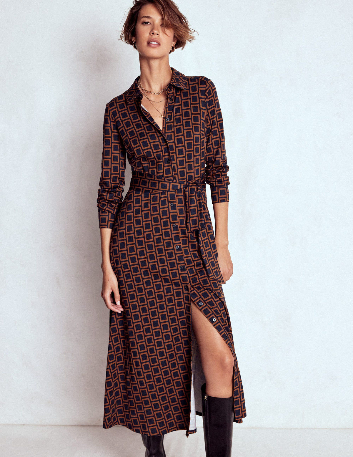 Marcia Jersey Shirt Dress-French Navy, Square Geometric - Image 4