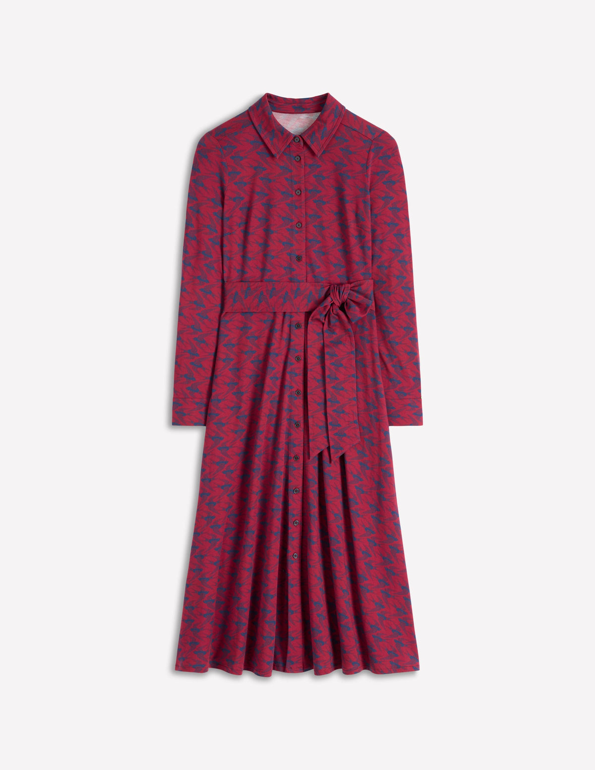 Marcia Jersey Shirt Dress-Burgundy Red, Swooping Swallow - Image 6