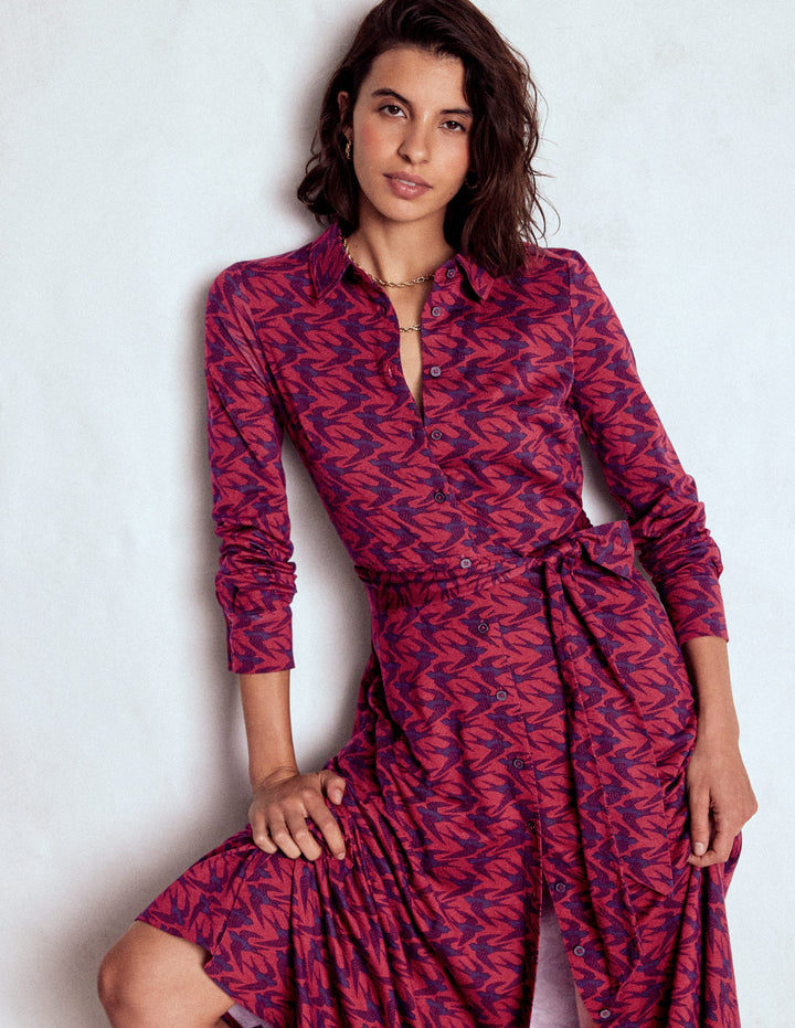 Marcia Jersey Shirt Dress-Burgundy Red, Swooping Swallow