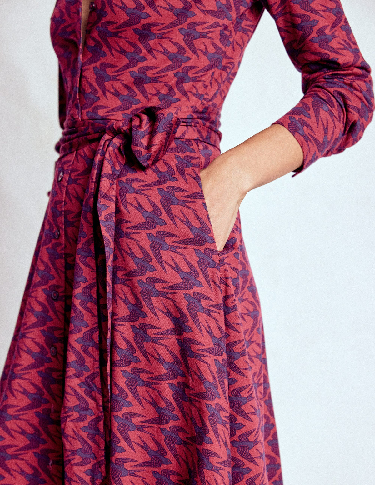 Marcia Jersey Shirt Dress-Burgundy Red, Swooping Swallow - Image 2