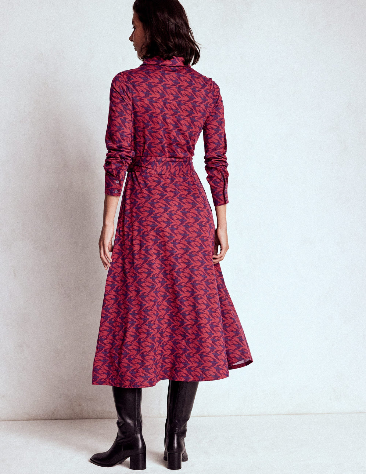 Marcia Jersey Shirt Dress-Burgundy Red, Swooping Swallow - Image 3
