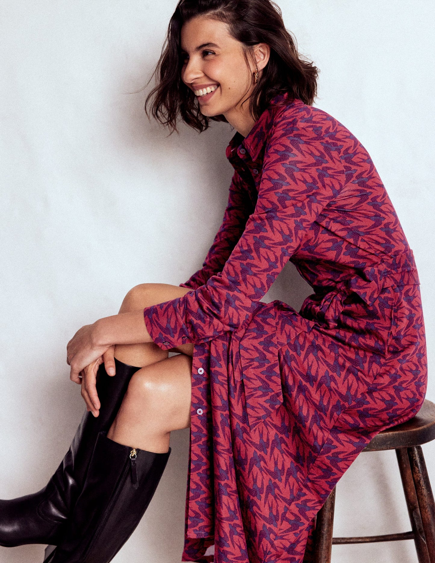 Marcia Jersey Shirt Dress-Burgundy Red, Swooping Swallow