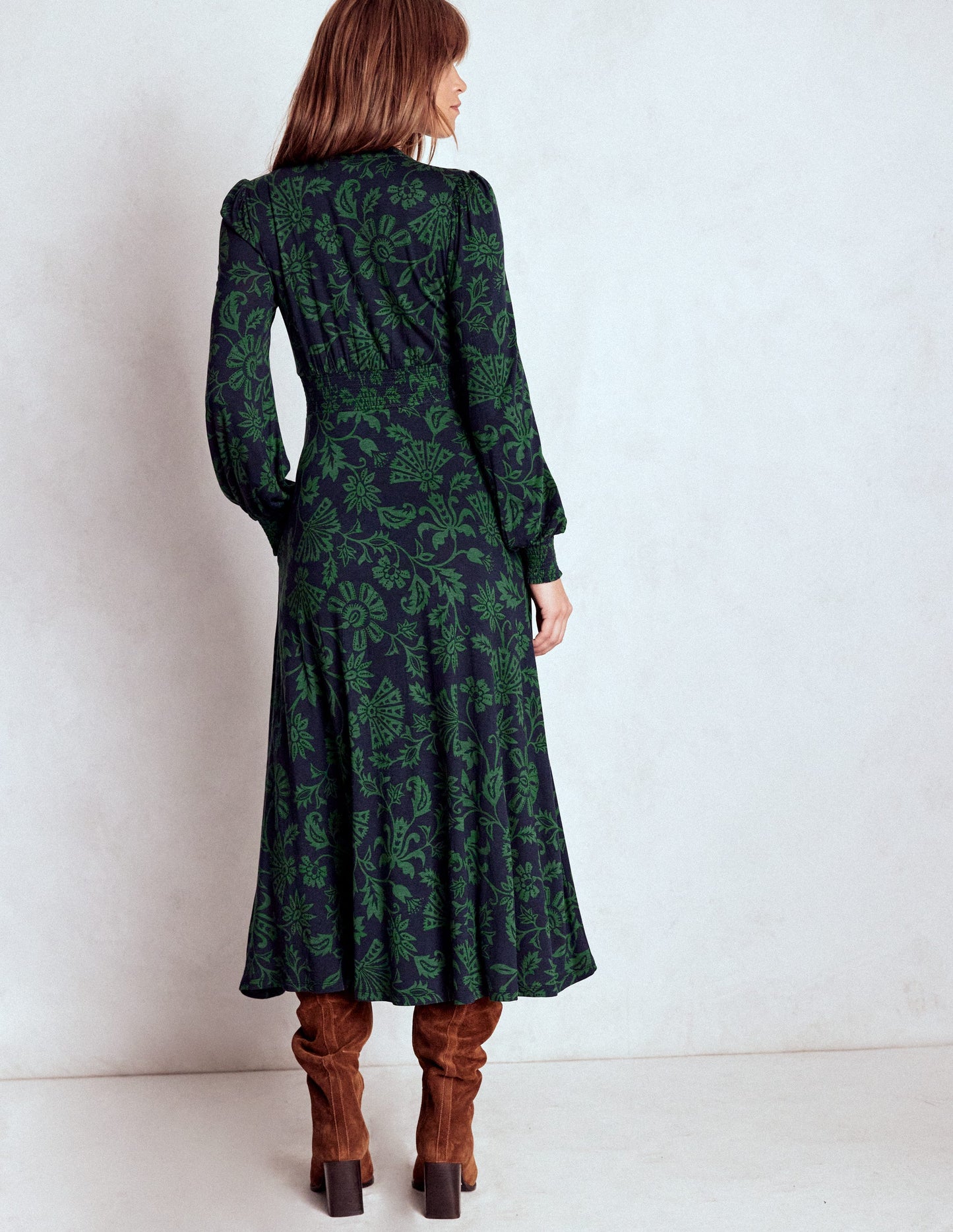 Ivy Smocked Midi Dress-Dark Navy, Elaborate Vine