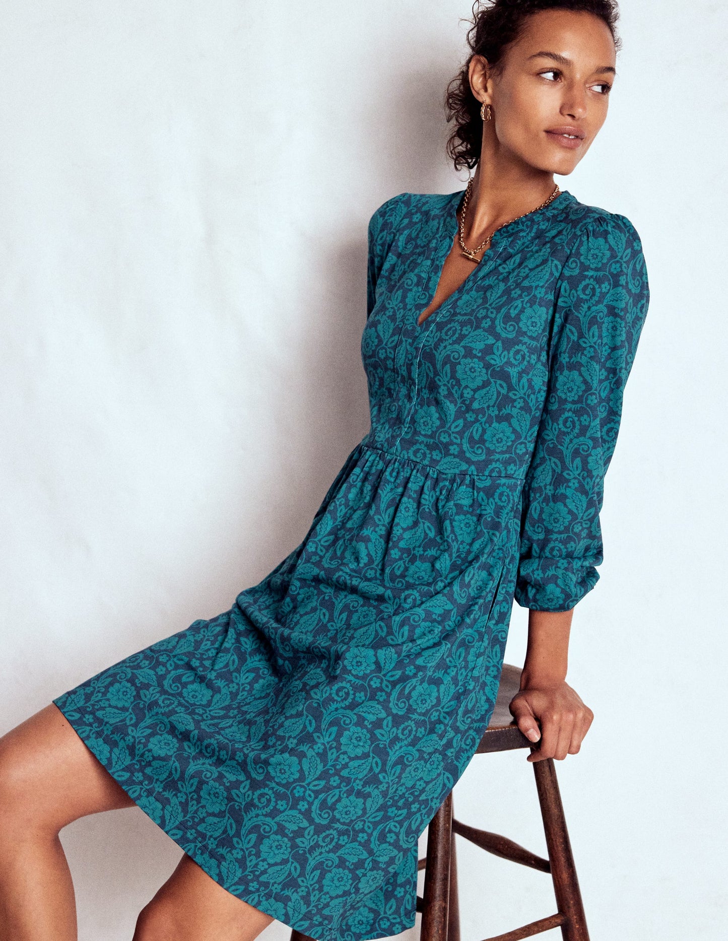 Naomi Relaxed Jersey Dress-Midnight Ocean, Ornate Flora