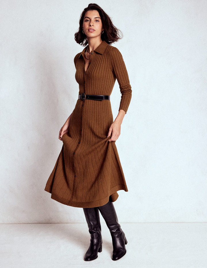 Rachel Knitted Shirt Dress-Raw Umber