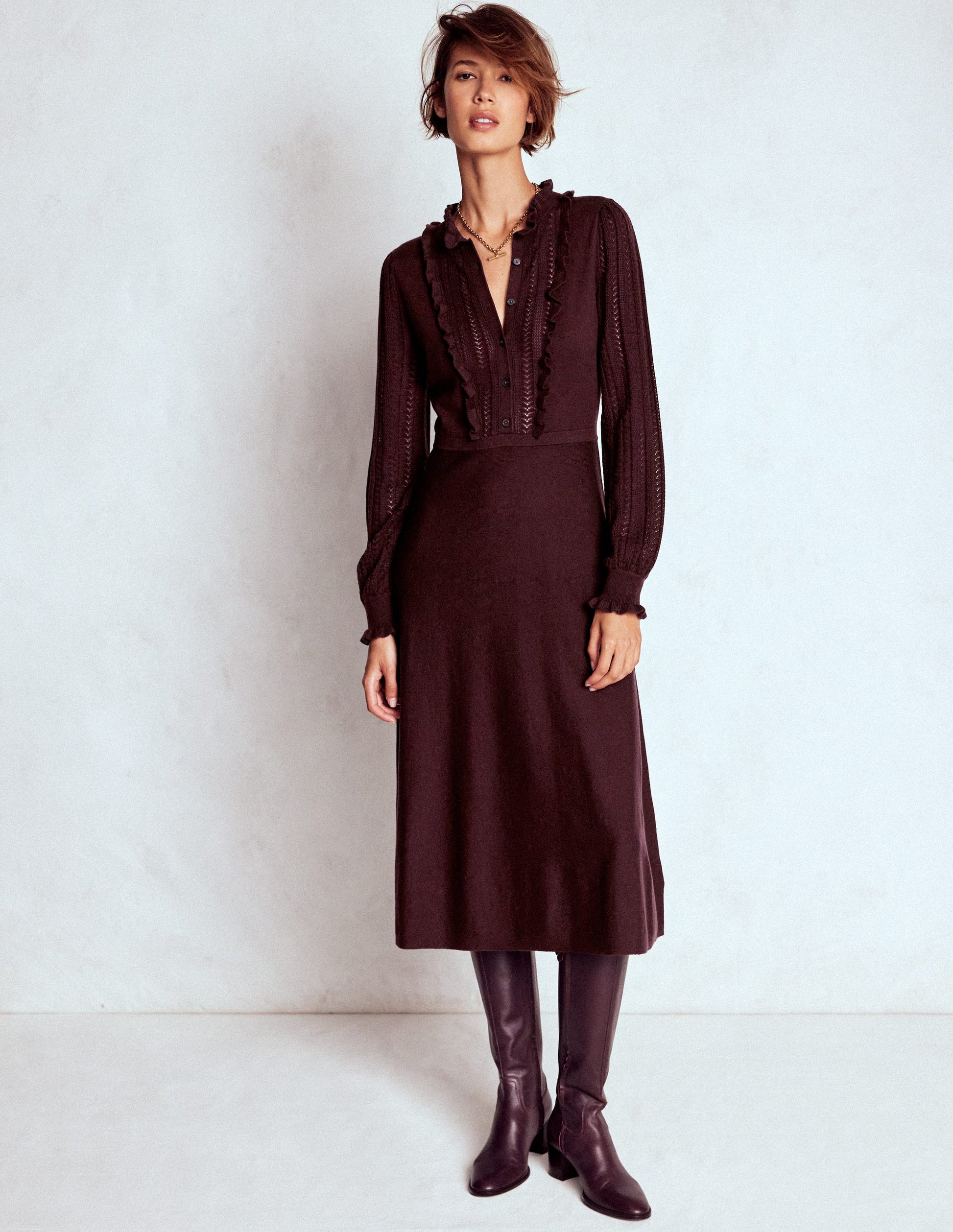 Winifred Frilled Knitted Dress-Coffee Bean | Boden USA Winifred Frilled Knitted Dress-Coffee Bean | Boden USA