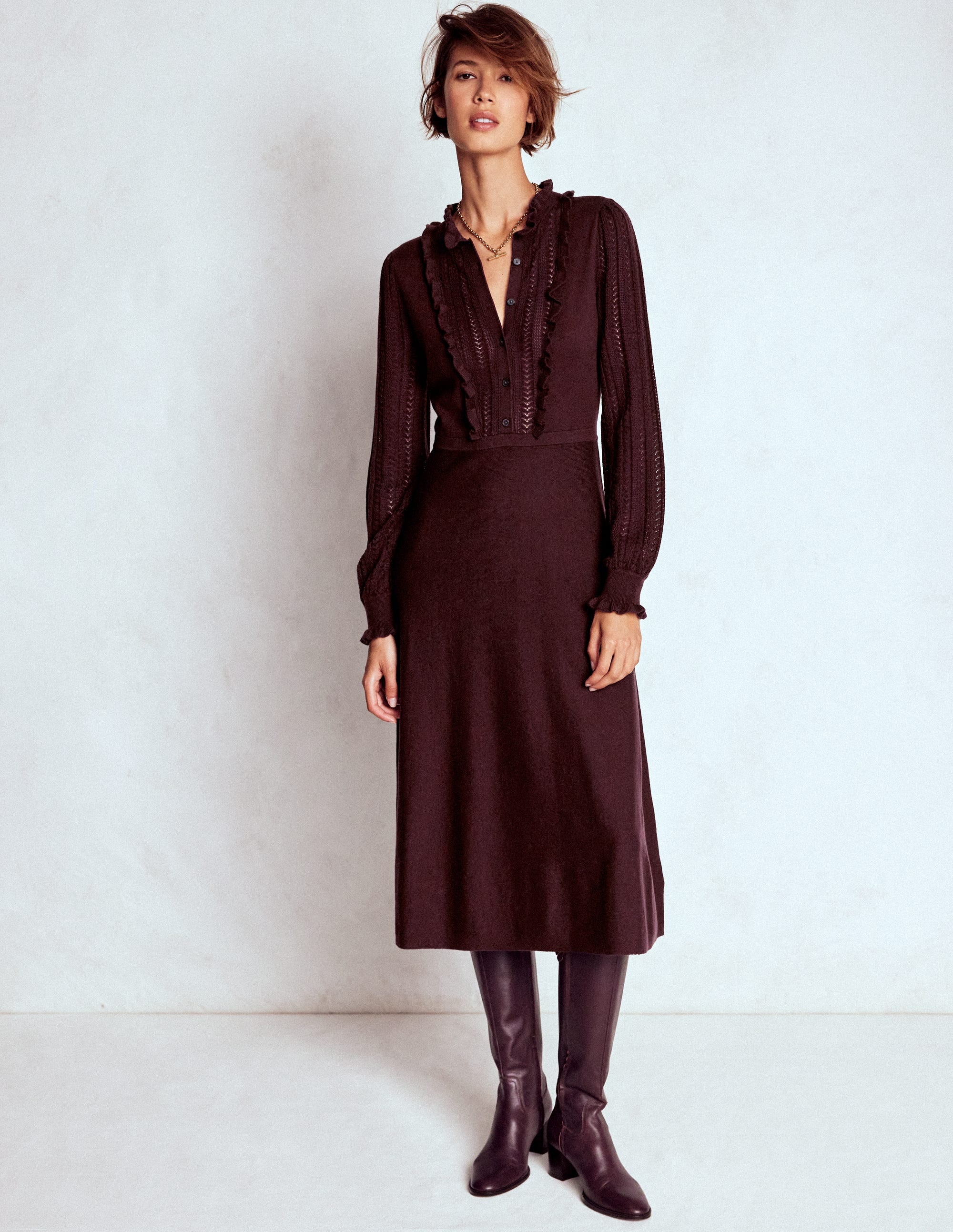 Winifred Frilled Knitted Dress-Coffee Bean - Image 1