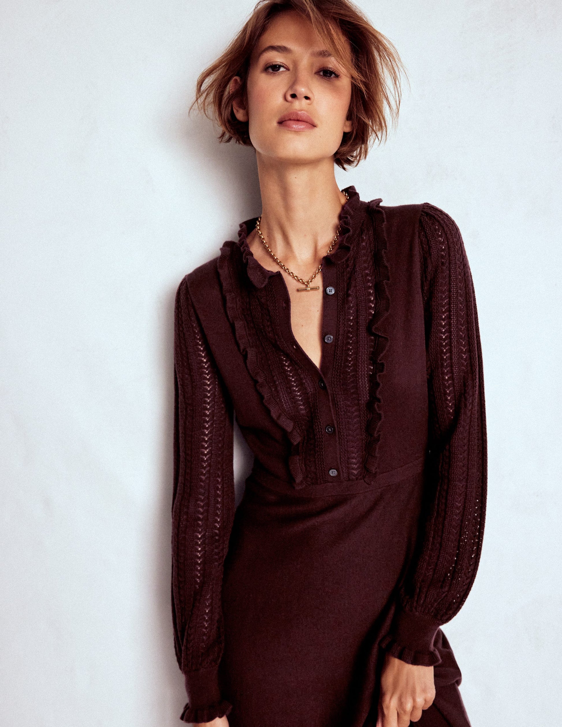 Winifred Frilled Knitted Dress-Coffee Bean-2