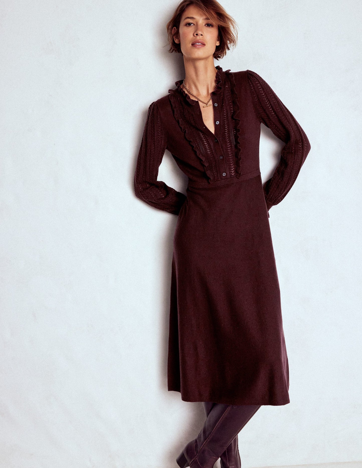 Winifred Frilled Knitted Dress-Coffee Bean