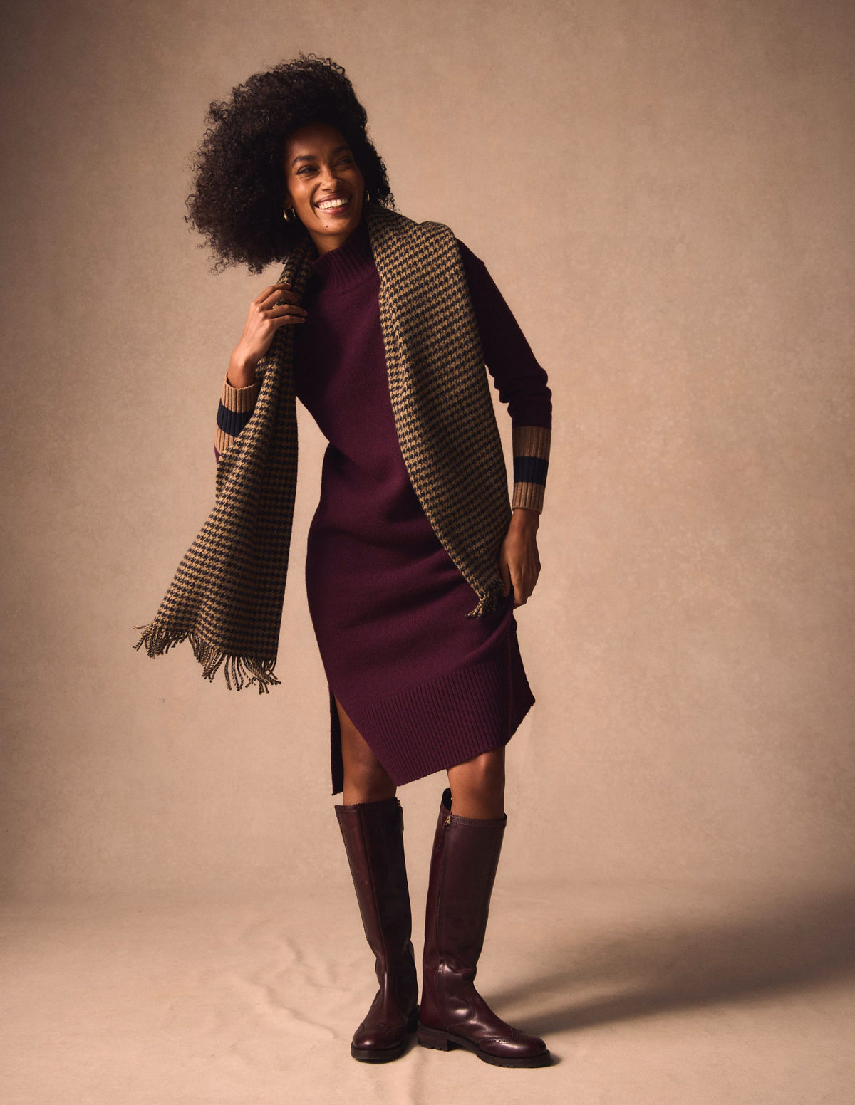 Merino Knitted Dress-Dark Cherry, Brown Stripe - Image 1