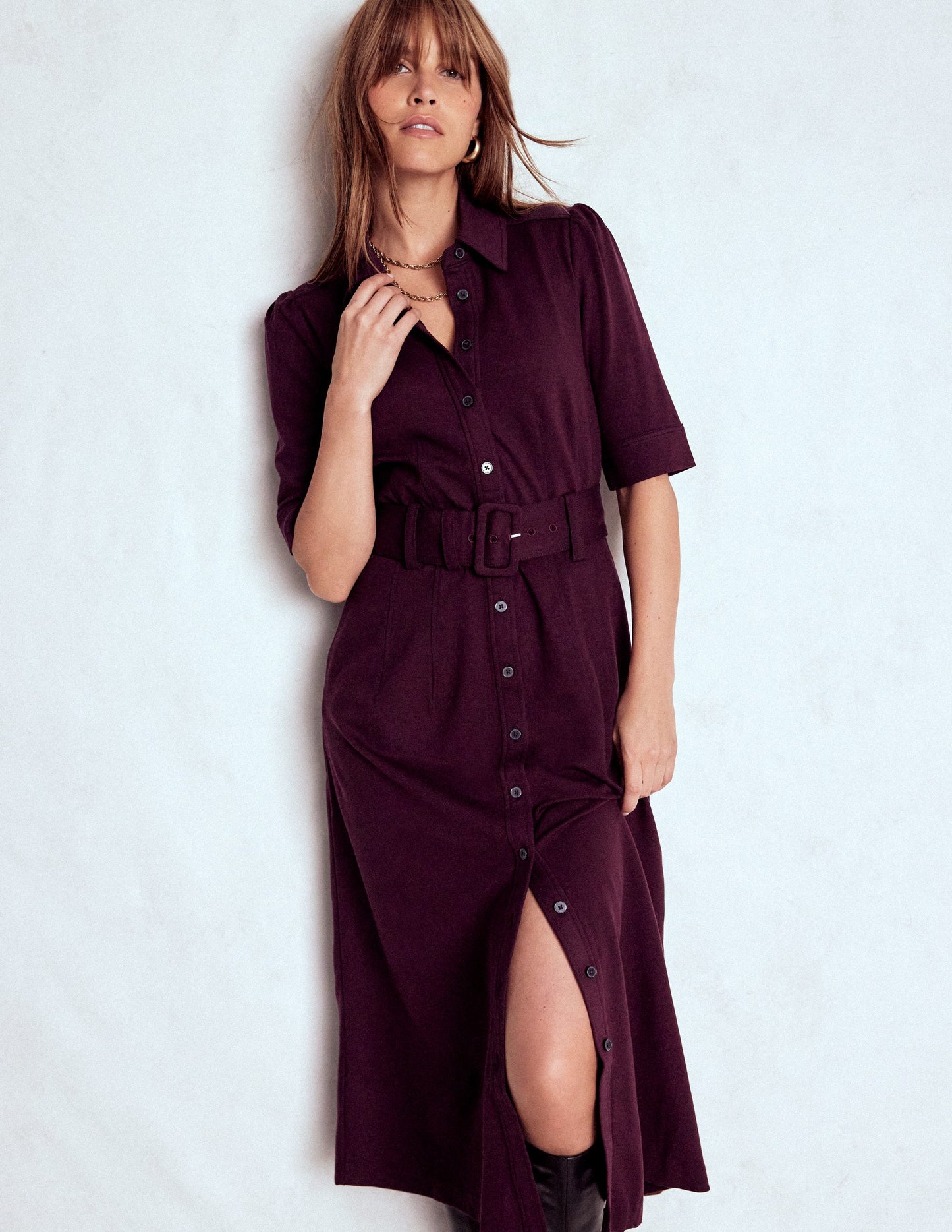 Anita Ponte Shirt Dress-Dark Cherry