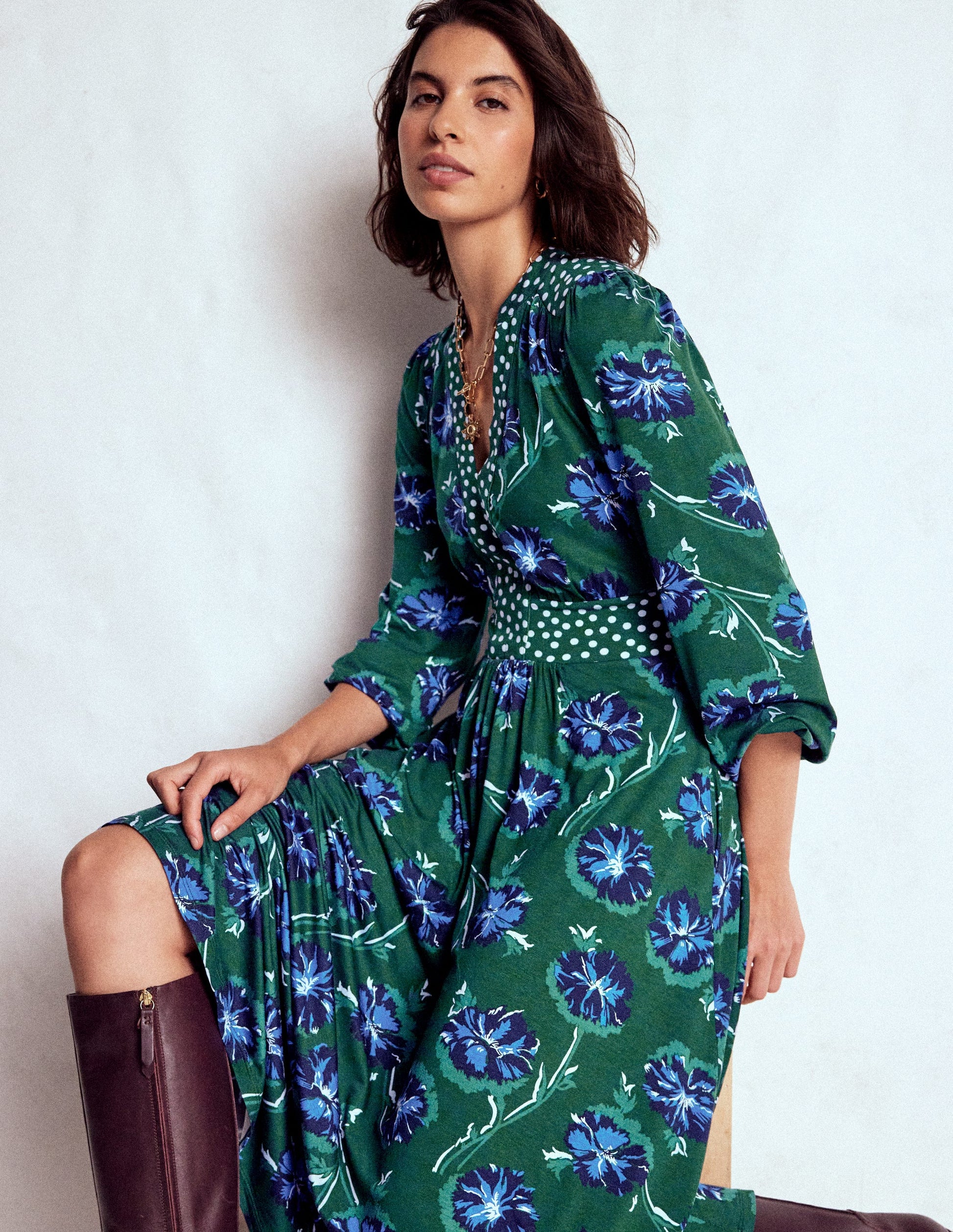Lily Long Sleeve Midi Dress-Emerald, Delicate Carnation | Boden USA Lily Long Sleeve Midi Dress-Emerald, Delicate Carnation | Boden USA