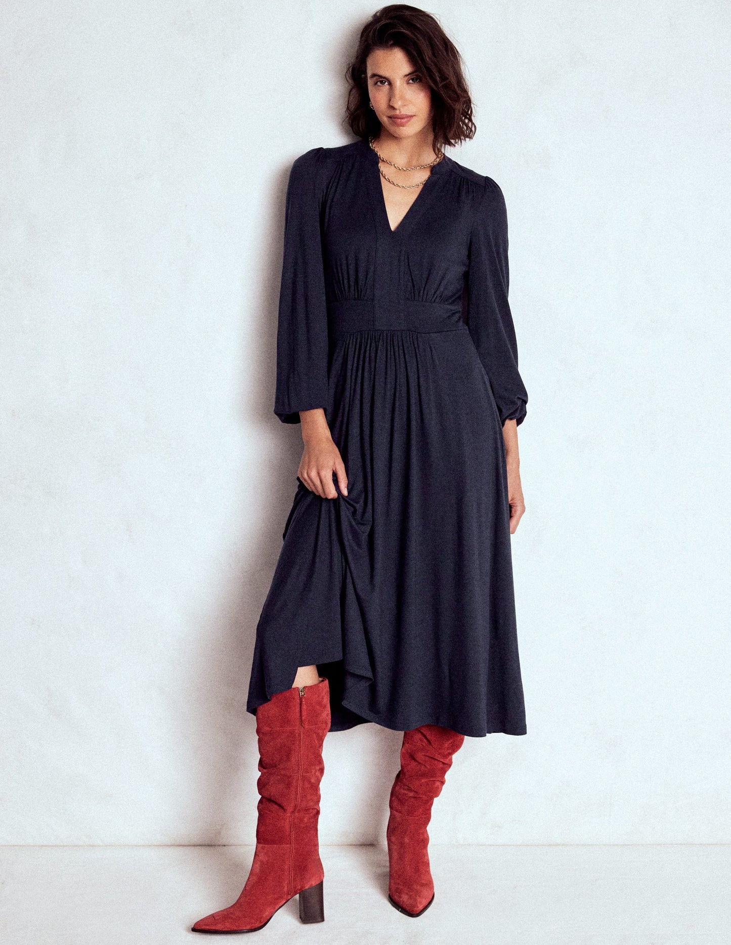 Lily Long Sleeve Midi Dress-Navy