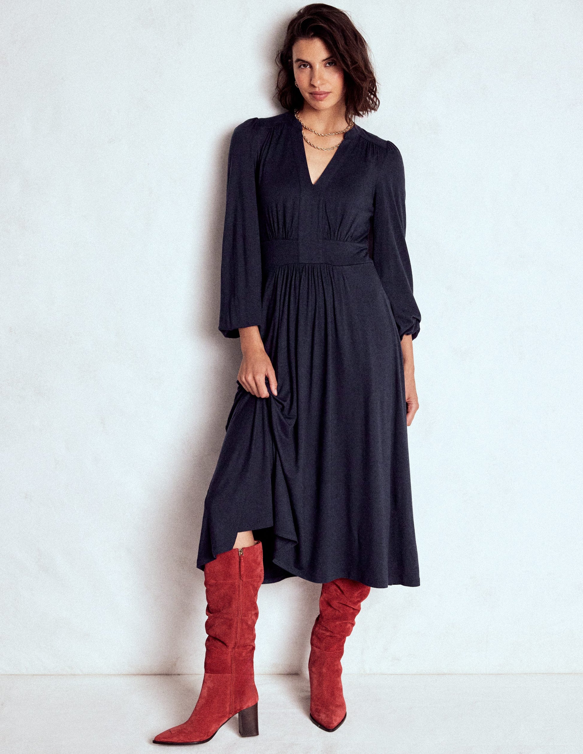 Lily Long Sleeve Midi Dress-Navy-4