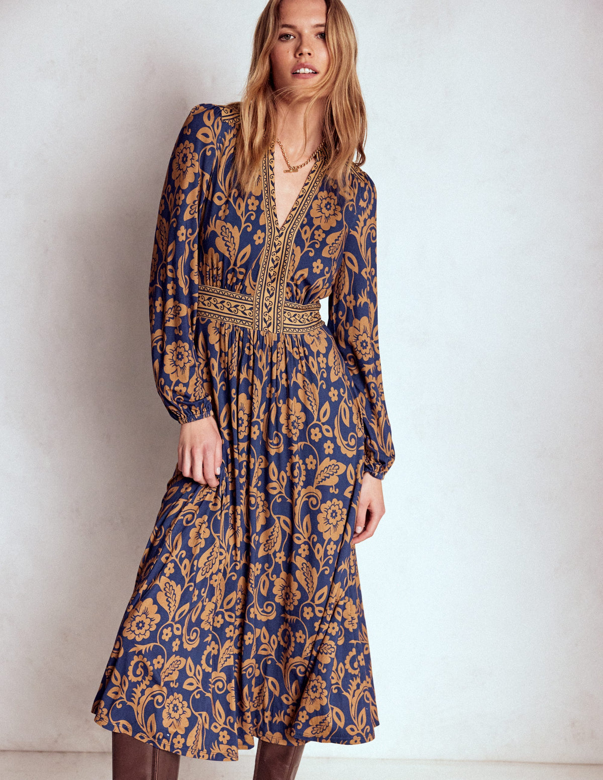 Lily Long Sleeve Midi Dress-French Navy, Ornate Flora - Image 1