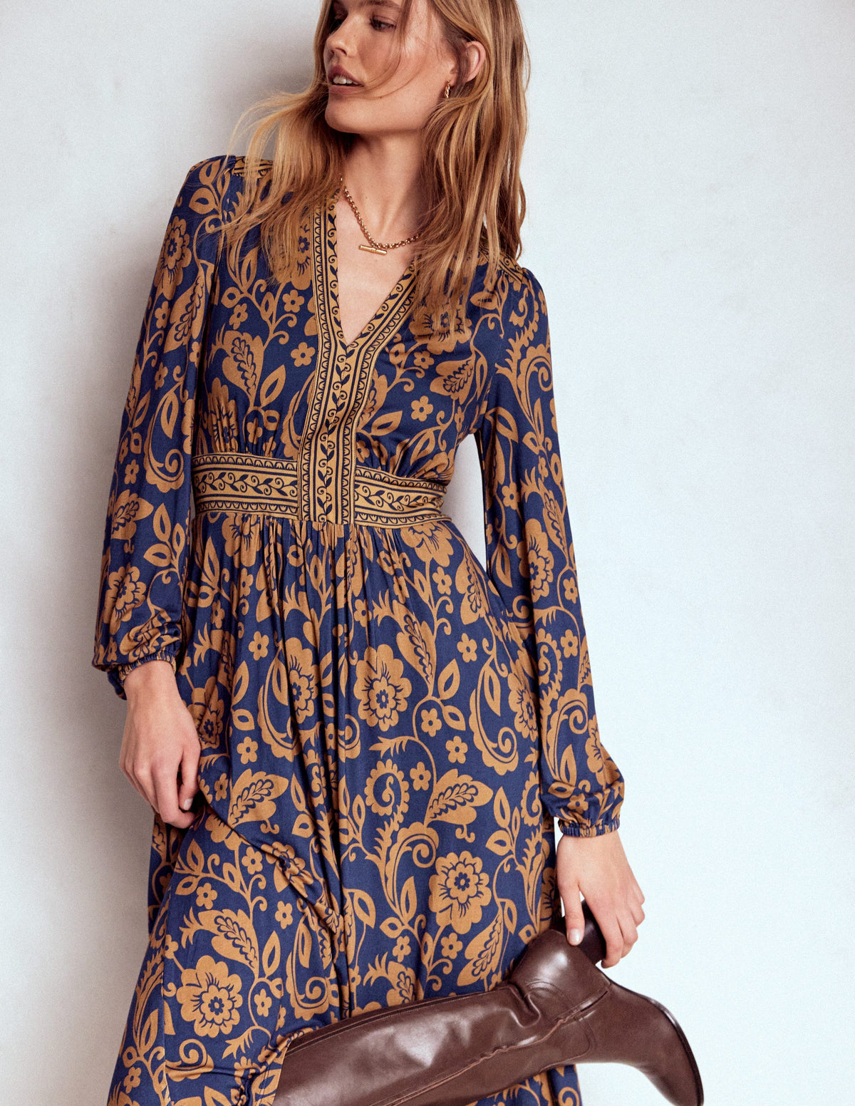 Lily Long Sleeve Midi Dress-French Navy, Ornate Flora - Image 2