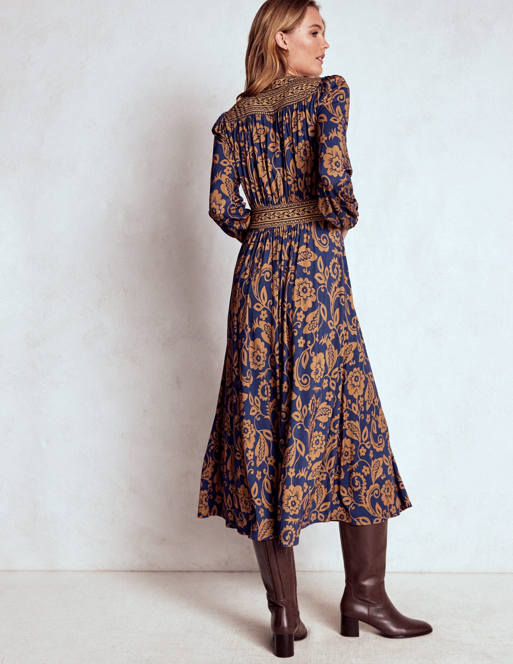 Lily Long Sleeve Midi Dress-French Navy, Ornate Flora - Image 3