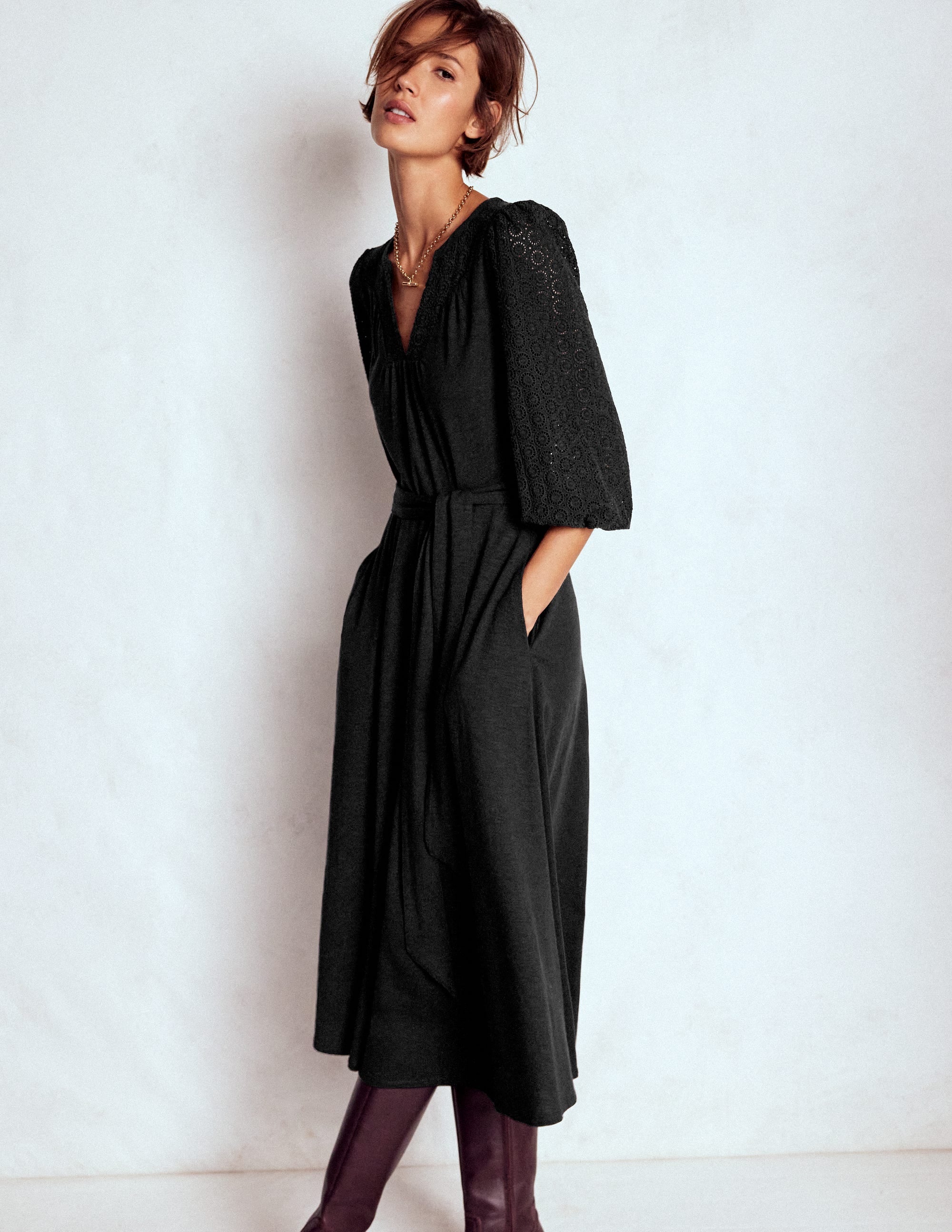 Eden Broderie Jersey Dress-Black | Boden USA