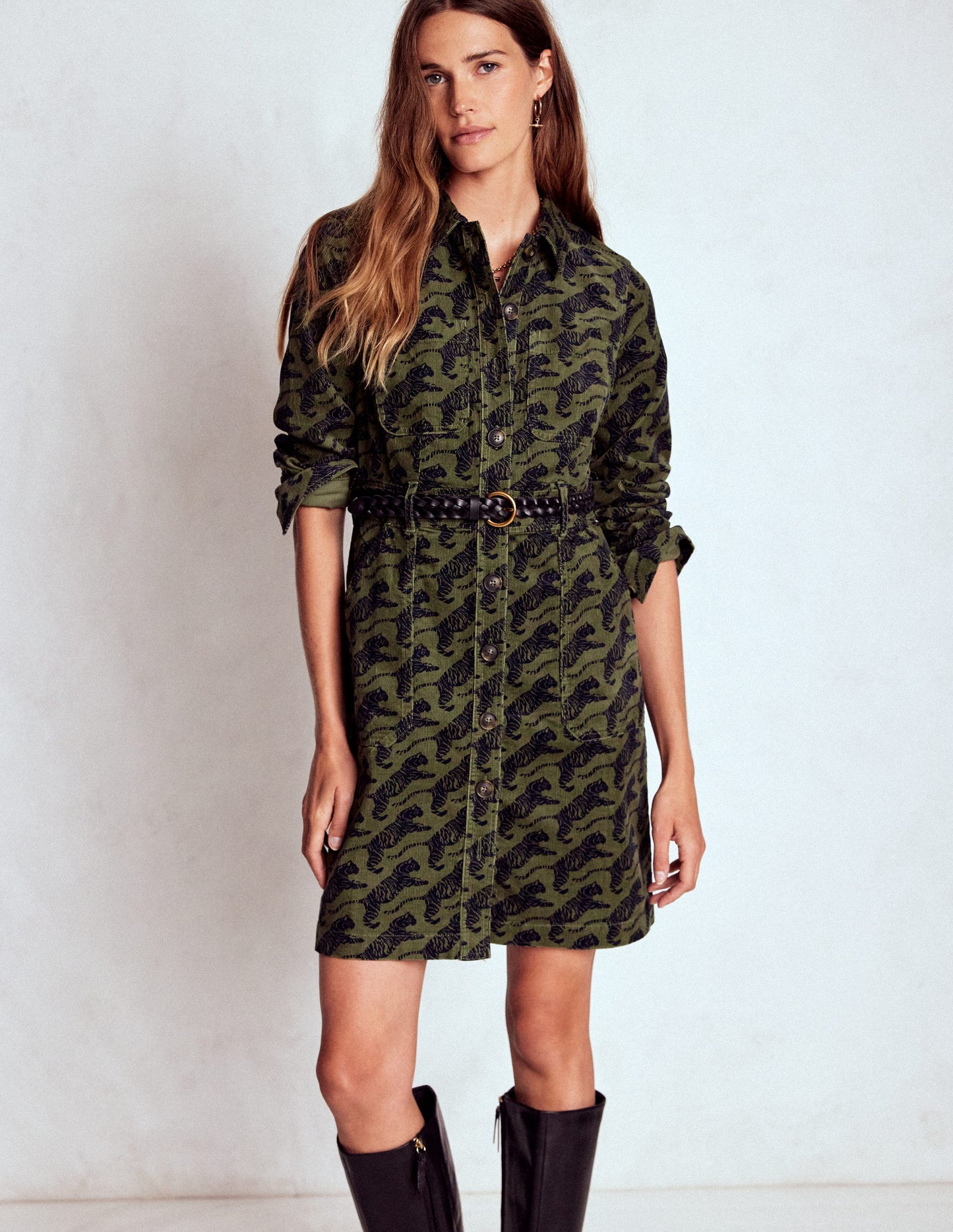 Amanda Cord Short Dress-Woodland Green, Leaping Tiger