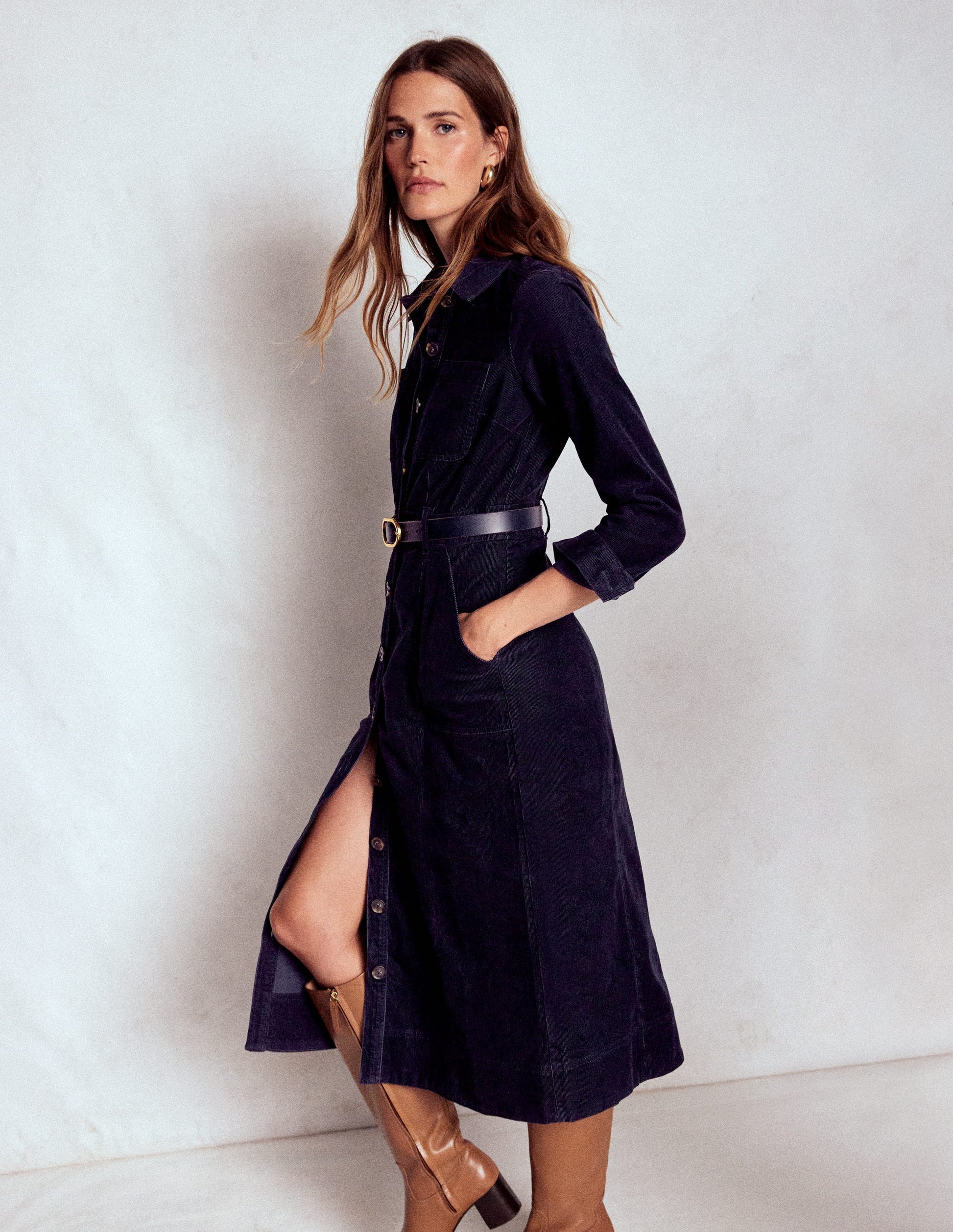 Amanda Cord Midi Dress-Navy Amanda Cord Midi Dress-Navy